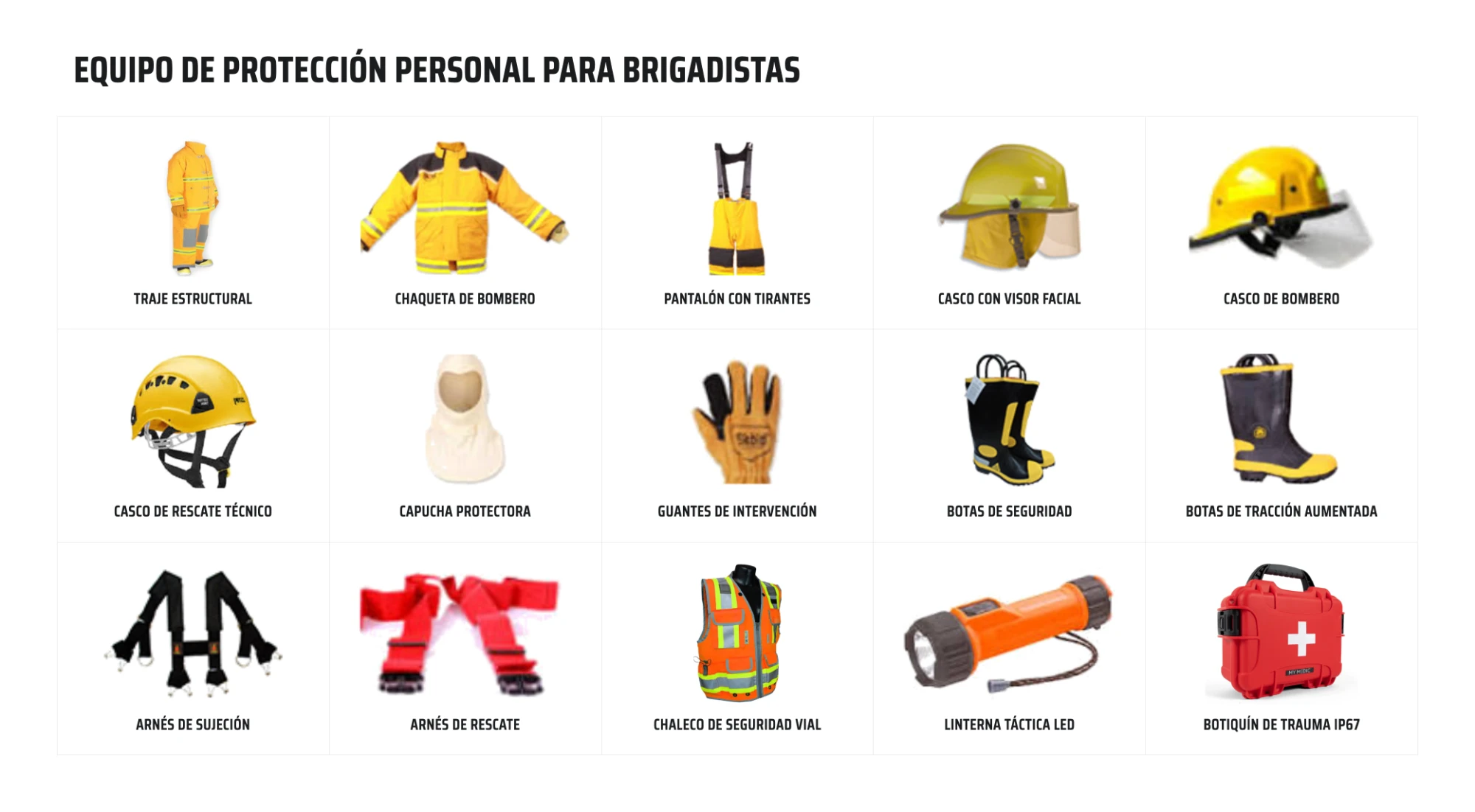 Equipo de protección personal para brigadistas: traje estructural, chaqueta y pantalón de bombero, cascos con visor facial y de rescate técnico, capucha protectora, guantes de intervención, botas de seguridad, arneses de sujeción y rescate, chaleco de seguridad vial, linterna táctica LED y botiquín de trauma IP67