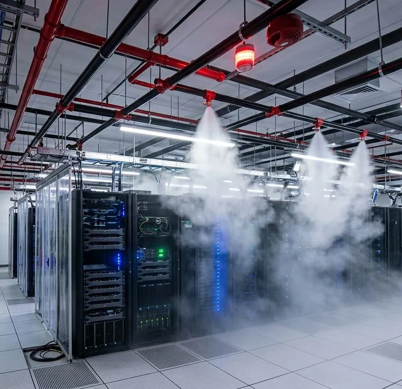 Sistema de supresión con agente limpio descargando sobre racks de servidores en un data center